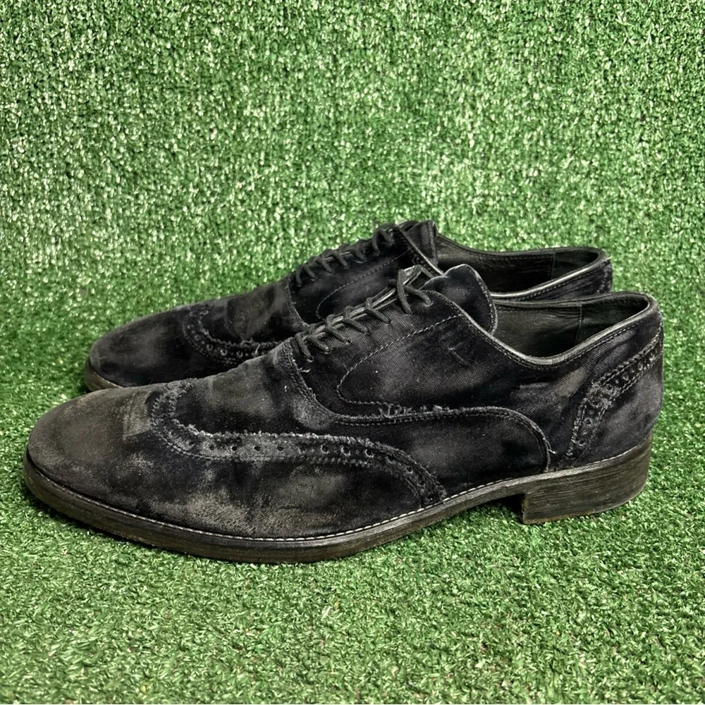 $598 John Varvatos Black Velvet Distressed Rugged Wingtip Oxfords Mens Size 10.5